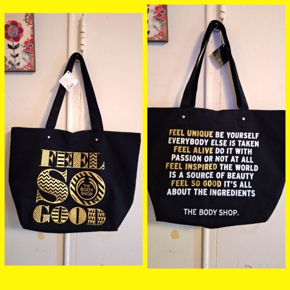 The body shop bag Large black gold tote shopping bag cotton